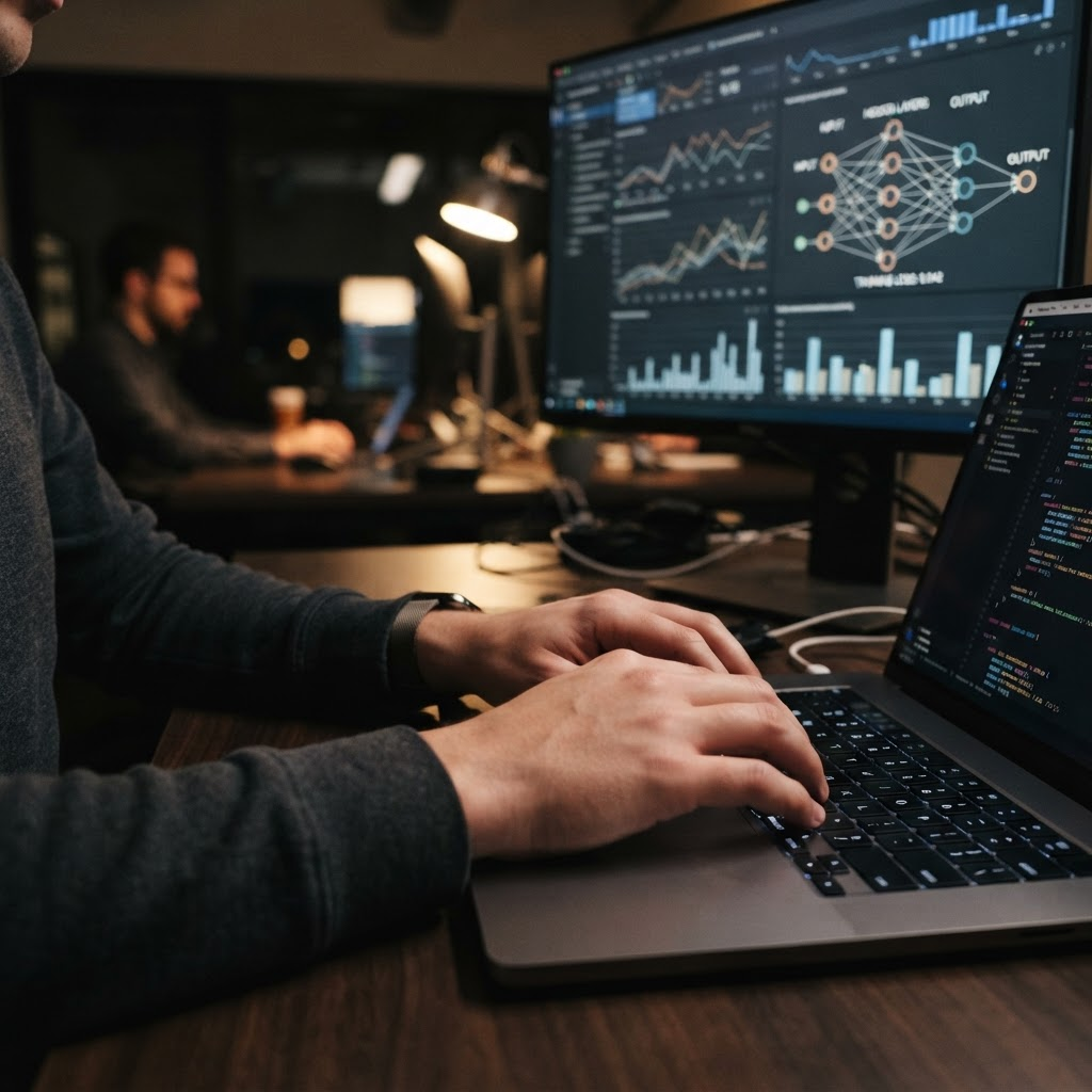 Engineer reviewing AI model output alongside data visualizations